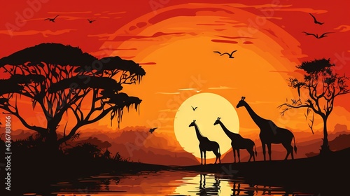  three giraffes are standing in front of a sunset.  generative ai © Anna