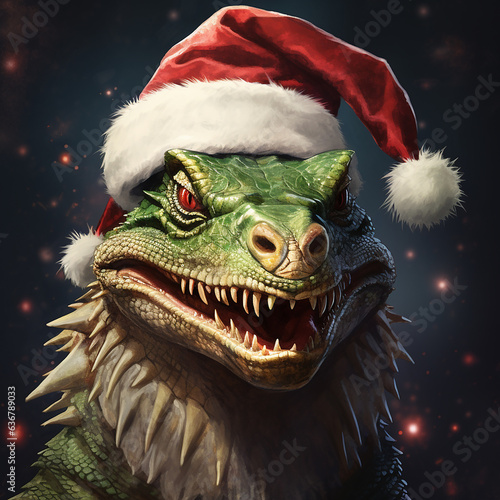Festive Fun with a Green Dragon in Santa's Hat New Year's Delight © VST Art