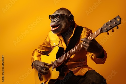 Studio shot of a chimp playing the guitar against a bright colour background, Generative AI
