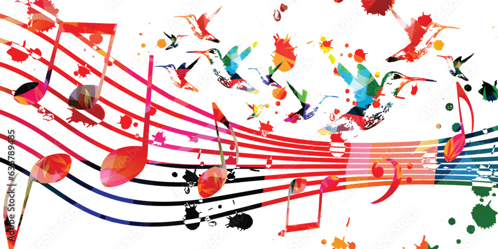 Fototapeta premium Music background with colorful musical notes staff. Vector illustration. Vibrant music festival poster design with musical notes signs and symbols. Live concert events. Party flyer. 