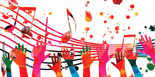 Leinwand Poster Music background with colorful musical notes staff and hands vector illustration design