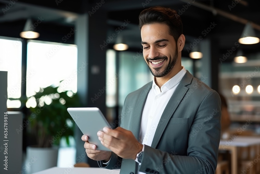 Happy young business man executive holding pad computer at work. Male professional employee using digital tablet fintech device standing in office checking financial online market data Happy young business man executive holding pad computer at work. Male professional employee using digital tablet fintech device standing in office checking financial online market data