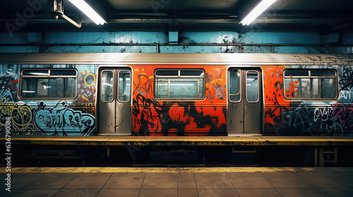 Dark lit underground subway station of 70s-80s in New York with graffitti cov...