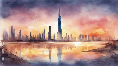 burj khalifa in watercolor painting