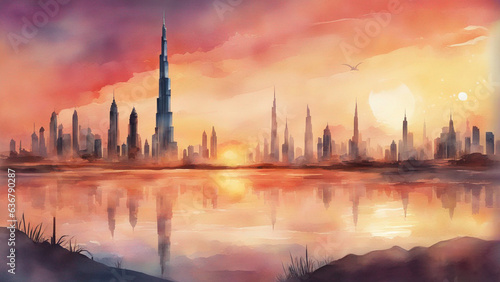burj khalifa in watercolor painting photo