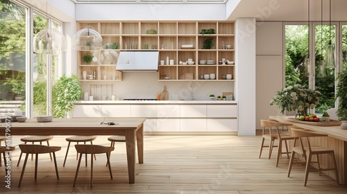  a kitchen with a table and chairs and a skylight.  generative ai