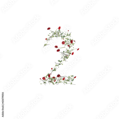 Font made from leaves, twigs, and flowers, alphabet, font art 3d rendering with transparent background