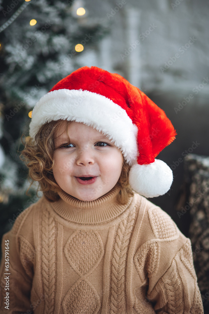 Portrait of a cute little girl in a beautiful knitted sweater ad a red Santa hat near decorated Christmas and new year tree at home. Smiling, cheerful and happy, holding red gift box Portrait of a cute little girl in a beautiful knitted sweater ad a red Santa hat near decorated Christmas and new year tree at home. Smiling, cheerful and happy, holding red gift box