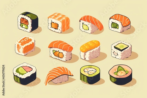 Japanese rolls and sushi. Flat illustration. Image of Asian cuisine for posters, banners and commercial advertising
