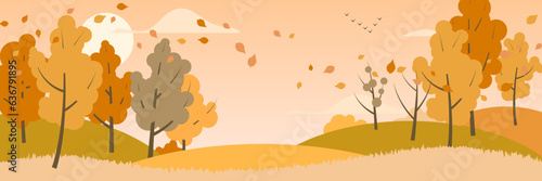 Autumn cartoon style landscape with colorful trees and hills