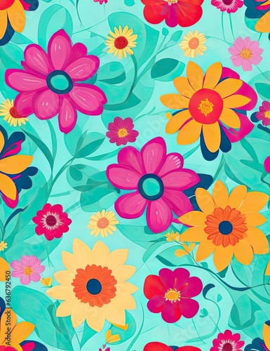 Colorful flowers on fabric texture. Floral background. Seamless pattern. Generative AI.