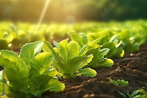 The organically grown lettuce planted in the lettuce field on grown by a farmer, and the green leaves shine beautifully on the red light of the sunset. Production concept of suitable for vegetables an