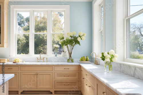 Mediterranean Kitchen with blue walls and large window garden view