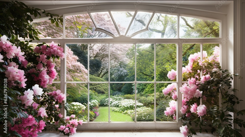 a window with a view of a lush green garden and pink flowers. generative ai a window with a view of a lush green garden and pink flowers. generative ai
