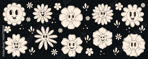 Groovy set of colors from the 70s. Funny cartoon flower. Set of stickers in trendy retro cartoon style.