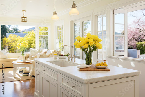 Design an open and airy kitchen with pale yellow walls and windows