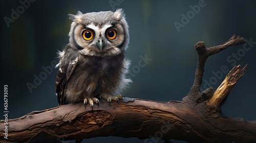  a small owl sitting on a branch with a dark background.  generative ai © Anna