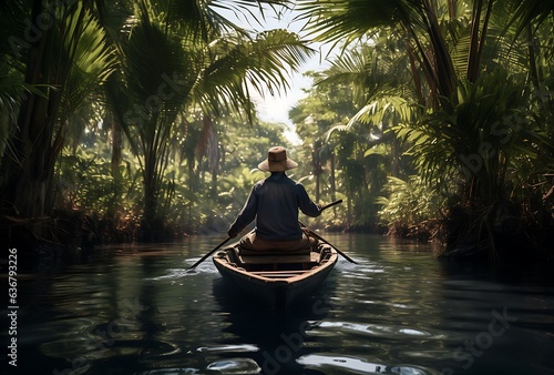 Rear view of a man rowing a boat in the jungle