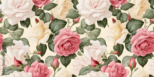 Roses, gardenias seamless pattern with a memento of leaves on antique fabric background. Concept: Remembered blooms and foliage