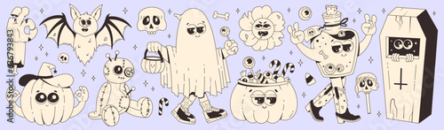 Groovy retro halloween stickers set in vintage monochrome palette. Funky cartoon characters and elements.Coffin, potion, pumpkin, ghost, bat, voodoo doll. Happy Halloween. Trendy retro cartoon style.