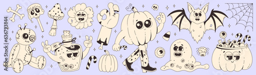 Groovy retro halloween stickers set in vintage monochrome palette. Funky cartoon characters and elements. Zombie hand, slime, potion, pumpkin, bat, voodoo doll. Happy Halloween.