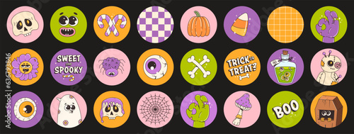 Round stickers set on Halloween theme. Funky cartoon characters and elements on trendy retro groovy style. Zombie hand, potion, ghost, coffin and etc. Contemporary vector illustration.