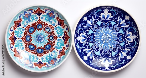 Set of two ceramic plates with floral ornament on a white background