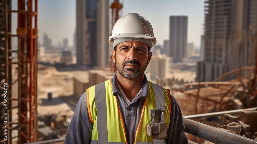 portrait of a 35-40 year old Kuwaiti man looking focused, wearing a hard hat, reflective vest, on a busy construction site. The middle aged Middle Eastern Diligent construction worker. portrait of a 35-40 year old Kuwaiti man looking focused, wearing a hard hat, reflective vest, on a busy construction site. The middle aged Middle Eastern Diligent construction worker.