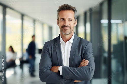 Businessman standing in office. Confident Happy middle aged businessman with arms crossed pose. Good-looking middle-aged businessman