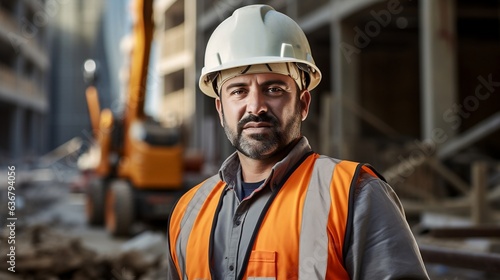 portrait of a 35-40 year old Kuwaiti man looking focused, wearing a hard hat, reflective vest, on a busy construction site. The middle aged Middle Eastern Diligent construction worker.