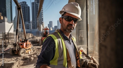 portrait of a 35-40 year old Kuwaiti man looking focused, wearing a hard hat, reflective vest, on a busy construction site. The middle aged Middle Eastern Diligent construction worker.