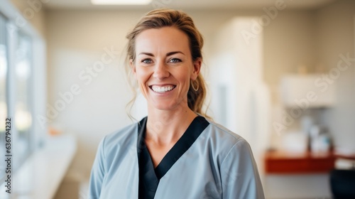 Woman Caucasian dentist. middle age dentist woman smiling while standing in dental clinic