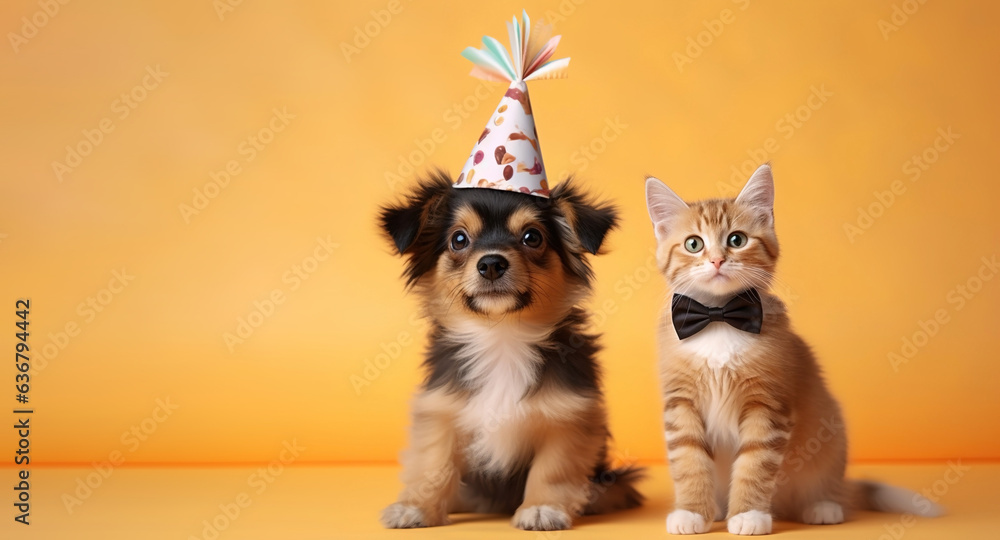 Obraz premium Cute cat and dog donning funny party clothes, captured in front of a vivid and colorful background, adding a touch of whimsy and cheer to the scene with their delightful outfits.
