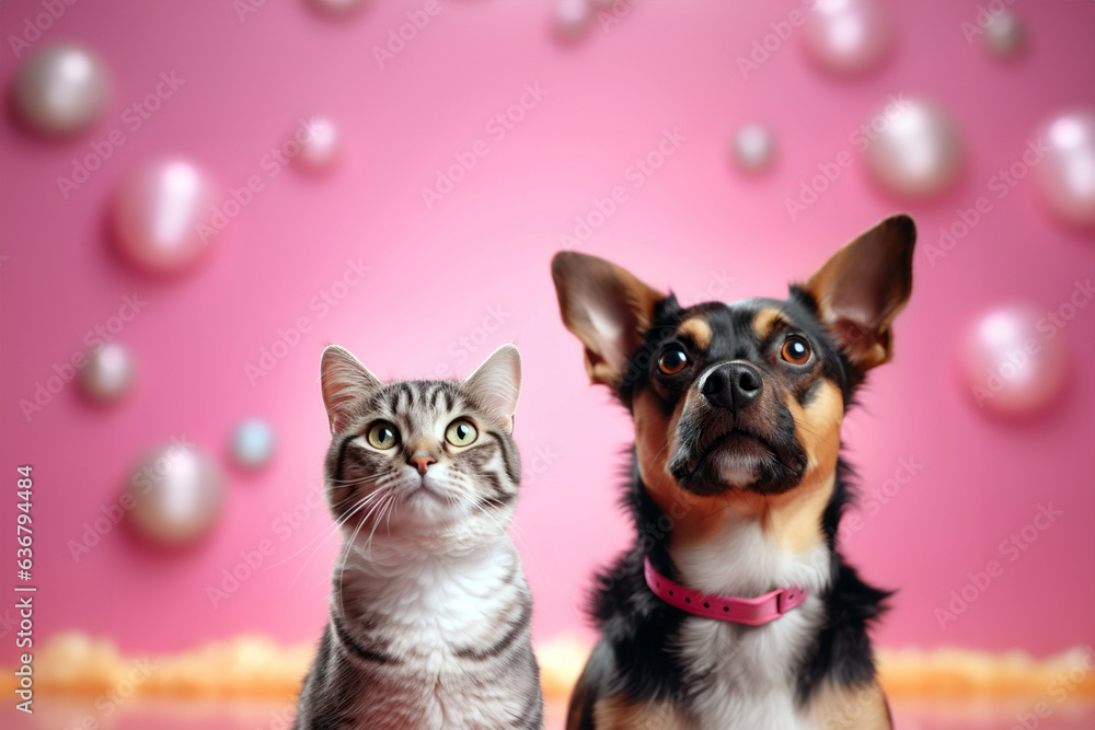 Cat and dog on colorful background.
