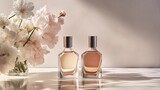A fashionable array of perfume mixtures showcased in elegant bottles, accompanied by blooming flowers, captured in a graceful and tender pink-toned illustration.