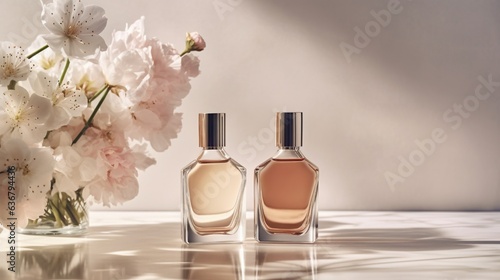 A fashionable array of perfume mixtures showcased in elegant bottles, accompanied by blooming flowers, captured in a graceful and tender pink-toned illustration.