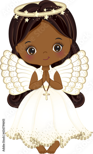 Vector Cute African American Girl Angel Holding Cross, Praying