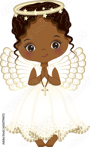 Vector Cute African American Girl Angel Holding Cross, Praying
