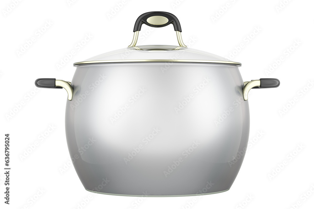 Big stainless steel stock pot with glass cover, 3D rendering isolated on transparent background Big stainless steel stock pot with glass cover, 3D rendering isolated on transparent background