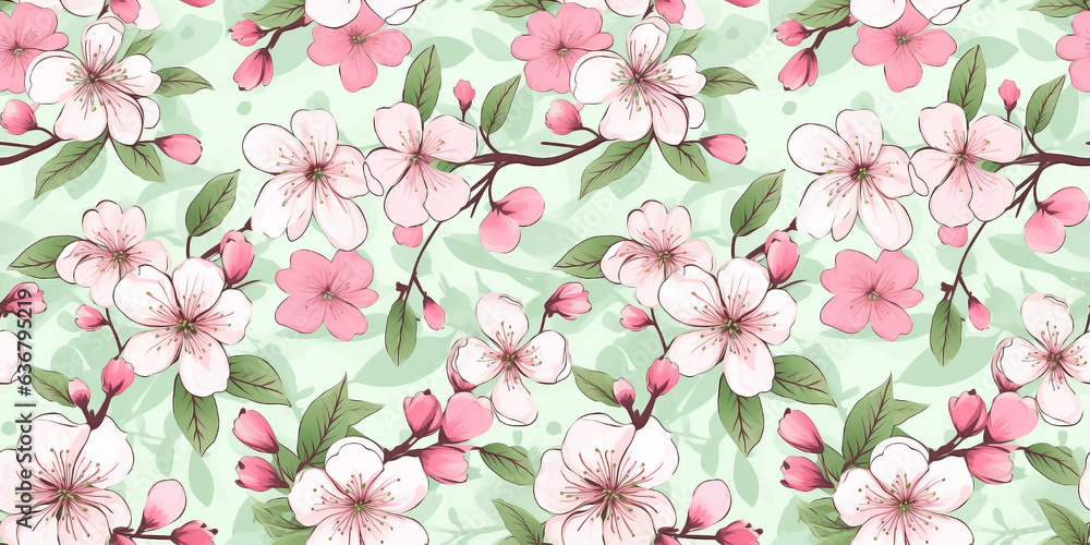 Fototapeta Seamless pattern, green leaves with cherry blossoms in ballet slipper pink tones. Concept: Twirling florals and foliage