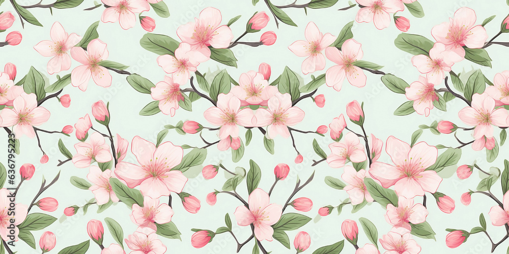 Cherry blossoms, seamless pattern of green foliage in rosé pink tones. Concept: Flowers and greens with romance