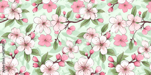 Seamless pattern, green leaves with cherry blossoms in ballet slipper pink tones. Concept: Twirling florals and foliage