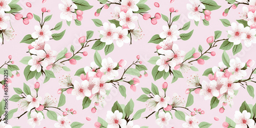 Seamless pattern with green foliage  cherry blossoms in dusty pink tones. Concept  Whispering blooms and leaves