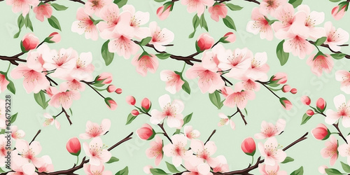 Seamless pattern, green leaves with cherry blossoms in flushed pink tones. Concept: Springtime blooms and greenery