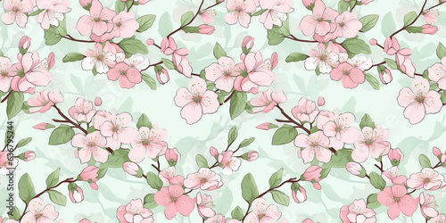 Seamless pattern with green leaves, pink cherry blossoms. Concept: Gentle florals and greenery