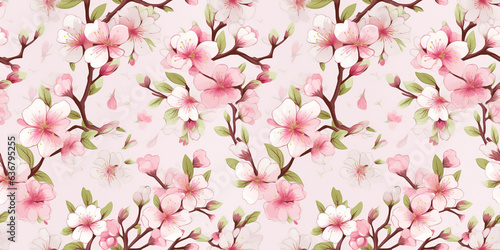 Cherry blossoms, seamless pattern of green leaves in pink tones. Concept: Pastel blooms and foliage