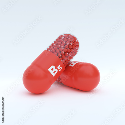 Vitamin B5 With Red Capsule, Granules and White Background photo