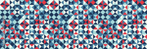 Abstract geometric shape mosaic background. Mosaic seamless illustration. Modern triangles and squares are stylized as Bauhaus figures. Graphic style design elements. Vector illustration