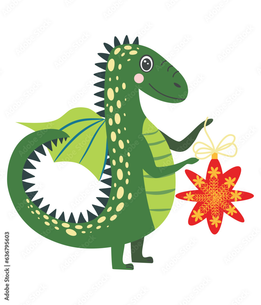 Fototapeta premium Year of the Dragon 2024, Chinese calendar. Cute green christmas dragon in santa hat