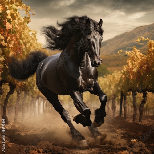 The black horse galloping through the vineyard. Animal in action. Autumn nature background. Organic composition. The powerful image of a beautiful animal.  © dejanskipina